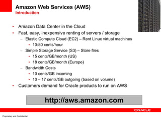 Amazon Web Services (AWS)
               Introduction
                                                                                  EC2
           •     Amazon Data Center in the Cloud
           •     Fast, easy, inexpensive renting of servers / storage
                    – Elastic Compute Cloud (EC2) – Rent Linux virtual machines
                       • 10-80 cents/hour
                    – Simple Storage Service (S3) – Store files
                       • 15 cents/GB/month (US)
                       • 18 cents/GB/month (Europe)
                    – Bandwidth Costs
                       • 10 cents/GB incoming
                       • 10 – 17 cents/GB outgoing (based on volume)
           •     Customers demand for Oracle products to run on AWS


                                http://aws.amazon.com

Proprietary and Confidential
 