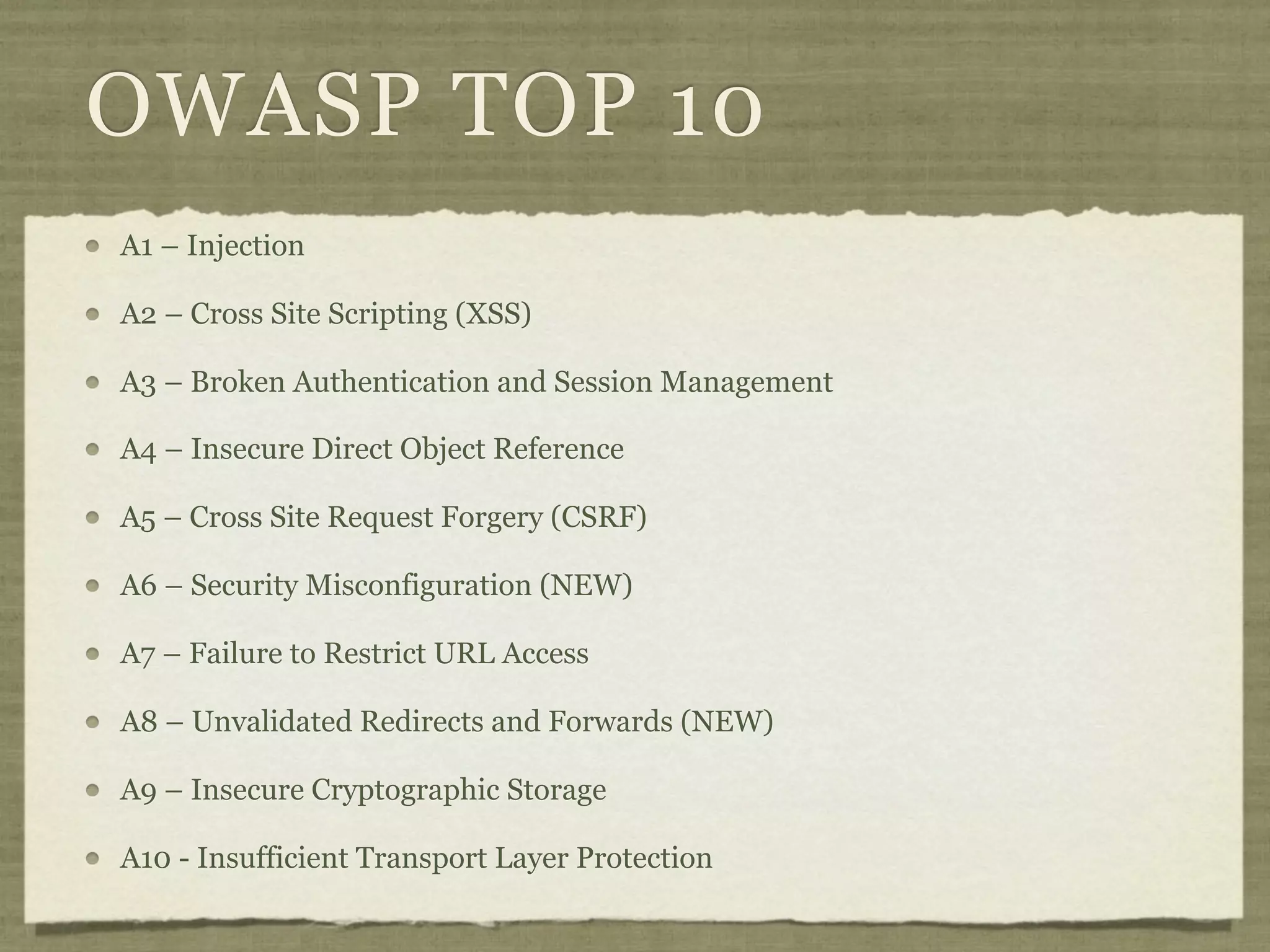 OWASP TOP 10
A1 – Injection

A2 – Cross Site Scripting (XSS)

A3 – Broken Authentication and Session Management

A4 – Insecure Direct Object Reference

A5 – Cross Site Request Forgery (CSRF)

A6 – Security Misconfiguration (NEW)

A7 – Failure to Restrict URL Access

A8 – Unvalidated Redirects and Forwards (NEW)

A9 – Insecure Cryptographic Storage

A10 - Insufficient Transport Layer Protection
 