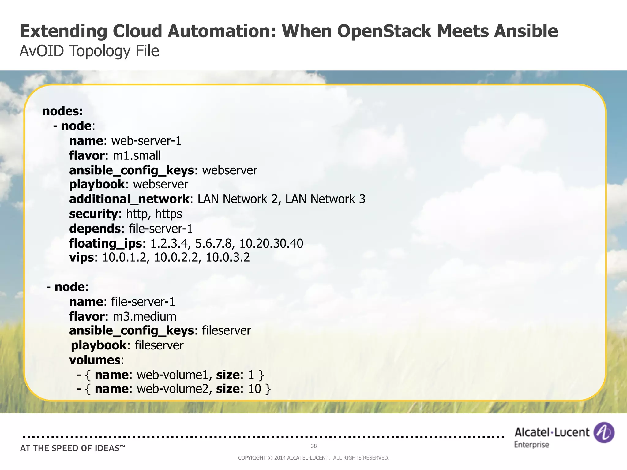 Extending Cloud Automation: When OpenStack Meets Ansible 
AvOID Topology File 
38 
COPYRIGHT © 2014 ALCATEL-LUCENT. ALL RIGHTS RESERVED. 
nodes: 
- node: 
name: web-server-1 
flavor: m1.small 
ansible_config_keys: webserver 
playbook: webserver 
additional_network: LAN Network 2, LAN Network 3 
security: http, https 
depends: file-server-1 
floating_ips: 1.2.3.4, 5.6.7.8, 10.20.30.40 
vips: 10.0.1.2, 10.0.2.2, 10.0.3.2 
- node: 
name: file-server-1 
flavor: m3.medium 
ansible_config_keys: fileserver 
playbook: fileserver 
volumes: 
- { name: web-volume1, size: 1 } 
- { name: web-volume2, size: 10 } 
 