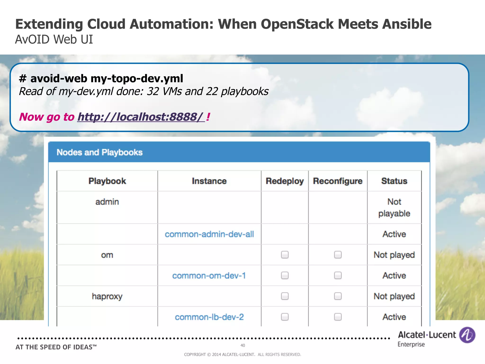 Extending Cloud Automation: When OpenStack Meets Ansible 
AvOID Web UI 
# avoid-web my-topo-dev.yml 
Read of my-dev.yml done: 32 VMs and 22 playbooks 
Now go to http://localhost:8888/ ! 
40 
COPYRIGHT © 2014 ALCATEL-LUCENT. ALL RIGHTS RESERVED. 
 