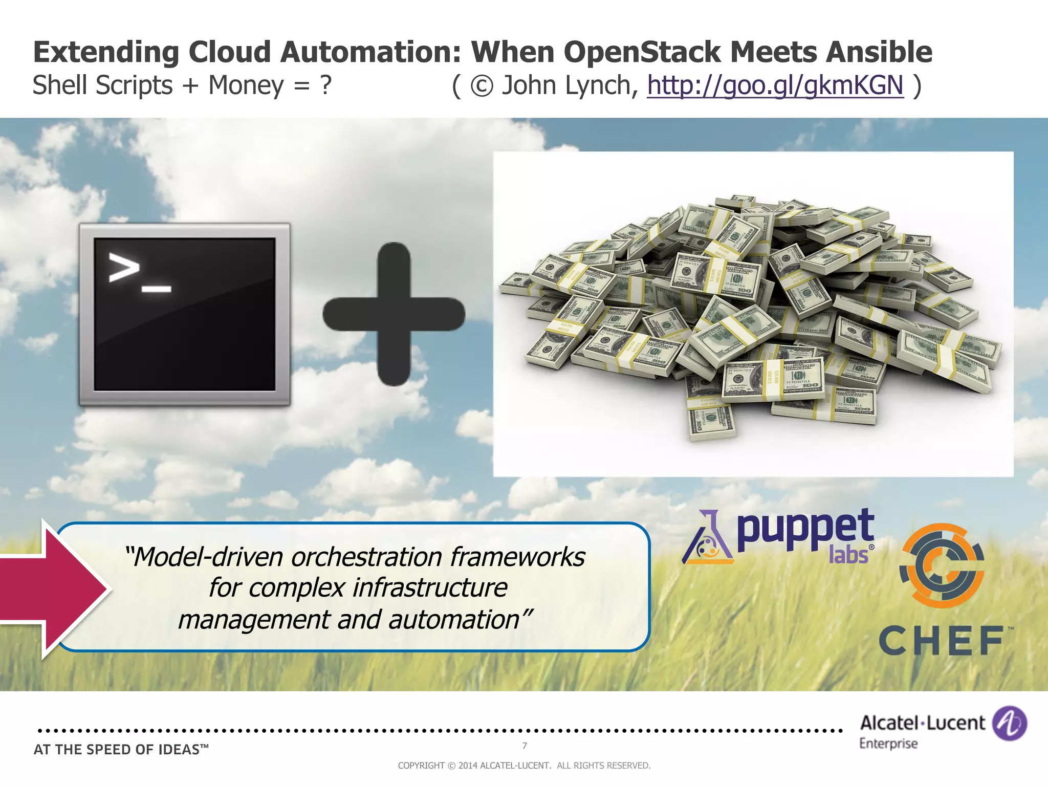 Extending Cloud Automation: When OpenStack Meets Ansible 
Shell Scripts + Money = ? ( © John Lynch, http://goo.gl/gkmKGN ) 
“Model-driven orchestration frameworks 
for complex infrastructure 
management and automation” 
7 
COPYRIGHT © 2014 ALCATEL-LUCENT. ALL RIGHTS RESERVED. 
 