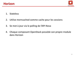 Horizon
1. Stateless
2. Utilise memcached comme cache pour les sessions
3. Se met à jour via le polling de l’API Nova
4. Chaque composant OpenStack possède son propre module
dans Horizon

33

 
