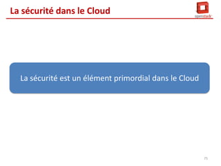 Haute disponibilité du réseau
1. Chaque Agent de la stack réseau
envoi des Heartbeat à la Queue

1. DHCP Agent support le HA
2. L3 Agent dans la nouvelle release

2. Les états sont stockés dans la BD

HA

74

 