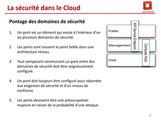La sécurité dans le Cloud
Management :

Public :
1.

Un espace entièrement non fiable de
l'infrastructure Cloud.
Toutes les données qui transitent ce domaine
doivent être protégées et répondre aux exigences
de la confidentialité et l'intégrité

2.

1. L'endroit où les services (APIs) interagissent.
2. Les réseaux dans ce domaine transportent des
données confidentielles telles que les
paramètres de configuration, noms d'utilisateur
et mots de passe.
3. Le trafic de commandement et de contrôle
réside habituellement dans ce domaine
4. Ce domaine doit être isolé et sécurisé

Domaine de
sécurité
Data :
1.
2.
3.

Concerne principalement les informations relatives
aux services de stockage au sein OpenStack.
La plupart des données qui traversent ce réseau
nécessitent une grande intégrité et confidentialité.
En fonction de type déploiement, il peut y avoir
aussi une forte exigence de disponibilité

Guest :
1.

Utilisé pour le trafic d'instance à instance

77

 