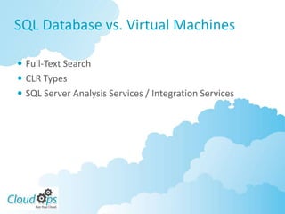 SQL Database vs. Virtual Machines

 Full-Text Search
 CLR Types
 SQL Server Analysis Services / Integration Services
 