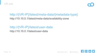 cloudops.com @cloudops_Page
VR urls
16
http://{VR-IP}/latest/meta-data/{metadata-type}
http://10.10.0.1/latest/meta-data/availability-zone
http://{VR-IP}/latest/user-data
http://10.10.0.1/latest/user-data
 