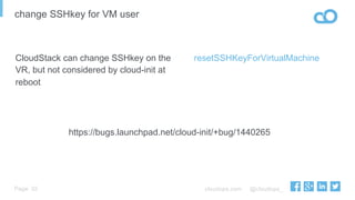 cloudops.com @cloudops_Page
change SSHkey for VM user
32
resetSSHKeyForVirtualMachineCloudStack can change SSHkey on the
VR, but not considered by cloud-init at
reboot
https://bugs.launchpad.net/cloud-init/+bug/1440265
 