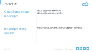 cloudops.com @cloudops_Page
cloud-set-guest-sshkey.in
cloud-set-guest-password.in
https://github.com/fifthecho/CloudStack-Template
init-scripts using
Ansible
36
CloudStack default
init-scripts
!=Cloud-Init
 