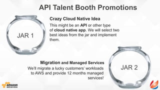 API Talent Booth Promotions
Crazy Cloud Native Idea
Migration and Managed Services
This might be an API or other type
of cloud native app. We will select two
best ideas from the jar and implement
them.
We’ll migrate a lucky customers’ workloads
to AWS and provide 12 months managed
services!
JAR 1
JAR 2
 