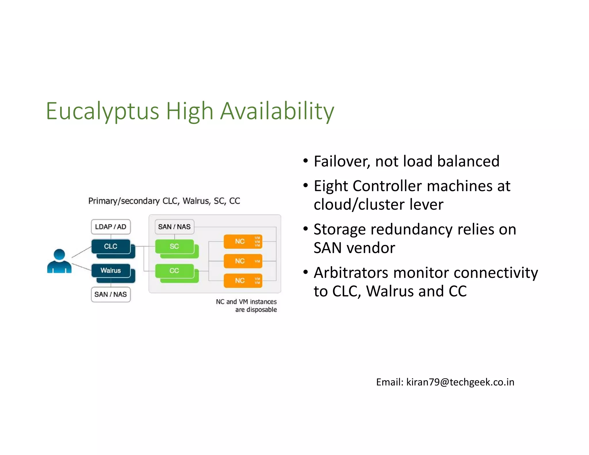 Eucalyptus High Availability
• Failover, not load balanced
• Eight Controller machines at
cloud/cluster lever
• Storage redundancy relies on
SAN vendor
• Arbitrators monitor connectivity
to CLC, Walrus and CC

Email: kiran79@techgeek.co.in

 