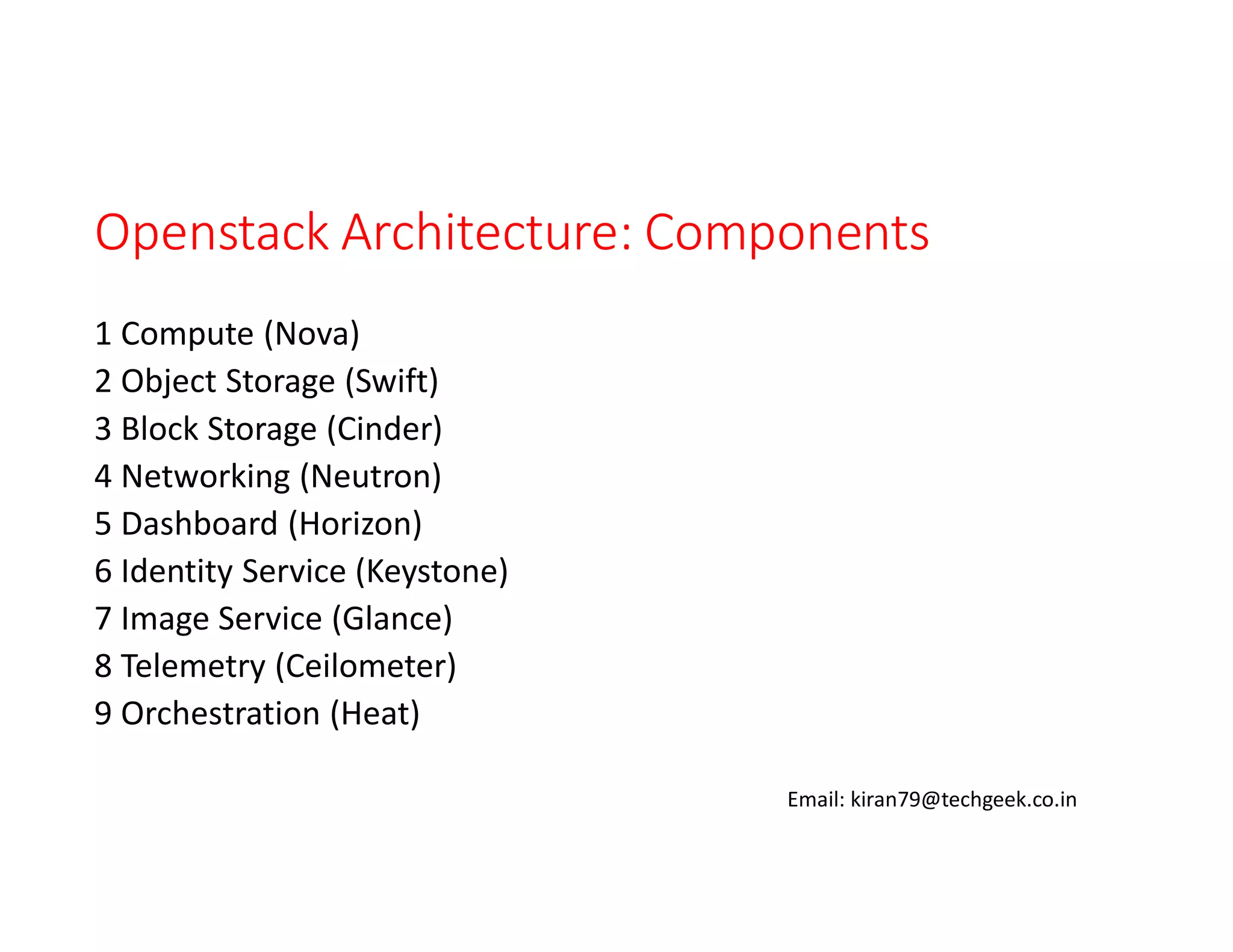 Openstack Architecture: Components
1 Compute (Nova)
2 Object Storage (Swift)
3 Block Storage (Cinder)
4 Networking (Neutron)
5 Dashboard (Horizon)
6 Identity Service (Keystone)
7 Image Service (Glance)
8 Telemetry (Ceilometer)
9 Orchestration (Heat)
Email: kiran79@techgeek.co.in

 