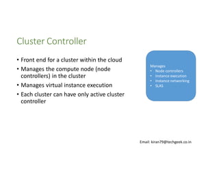 Cluster Controller
• Front end for a cluster within the cloud
• Manages the compute node (node
controllers) in the cluster
• Manages virtual instance execution
• Each cluster can have only active cluster
controller

Manages
• Node controllers
• Instance execution
• Instance networking
• SLAS

Email: kiran79@techgeek.co.in

 
