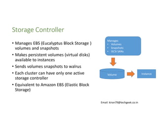 Storage Controller
• Manages EBS (Eucalyptus Block Storage )
volumes and snapshots
• Makes persistent volumes (virtual disks)
available to instances
• Sends volumes snapshots to walrus
• Each cluster can have only one active
storage controller
• Equivalent to Amazon EBS (Elastic Block
Storage)

Manages
• Volumes
• Snapshots
• iSCSI SANs

Volume

Email: kiran79@techgeek.co.in

Instance

 