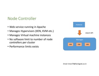 Node Controller
• Web service running in Apache
• Manages Hypervisors (XEN, KVM etc.)
• Manages Virtual machine instances
• No software limit to number of node
controllers per cluster
• Performance limits exists

Instance

Libvirt API

Manages
VM

VM

VM

Email: kiran79@techgeek.co.in

 
