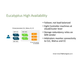 Eucalyptus High Availability
• Failover, not load balanced
• Eight Controller machines at
cloud/cluster lever
• Storage redundancy relies on
SAN vendor
• Arbitrators monitor connectivity
to CLC, Walrus and CC

Email: kiran79@techgeek.co.in

 