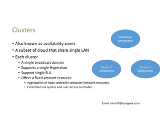 Clusters
Cloud layer
components

• Also known as availability zones
• A subset of cloud that share single LAN
• Each cluster
•
•
•
•

A single broadcast domain
Supports a single Hypervisor
Support single SLA
Offers a fixed amount resource

Cluster 1
components

Cluster 2
components

• Aggregation of node controller computer/network resources
• Controlled via quotes and user access controller

Email: kiran79@techgeek.co.in

 