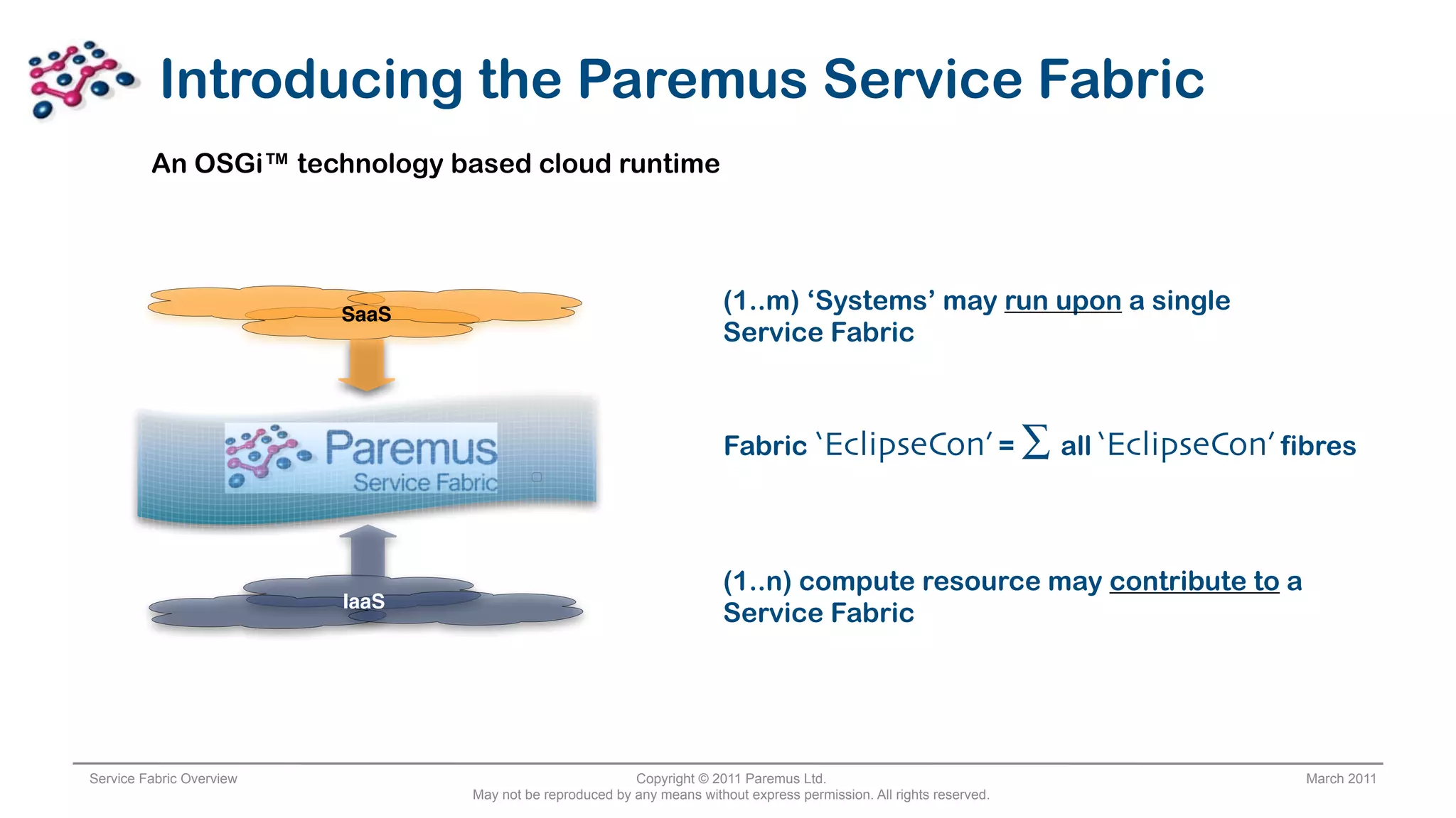 Introducing the Paremus Service Fabric
         An OSGi™ technology based cloud runtime




                          SaaS
                                                                         (1..m) ‘Systems’ may run upon a single
                                                                         Service Fabric



                                                                         Fabric         ‘EclipseCon’ = ∑ all ‘EclipseCon’ fibres


                                                                         (1..n) compute resource may contribute to a
                          IaaS
                                                                         Service Fabric




Service Fabric Overview                                   Copyright © 2011 Paremus Ltd.                                     March 2011
                                 May not be reproduced by any means without express permission. All rights reserved.
 