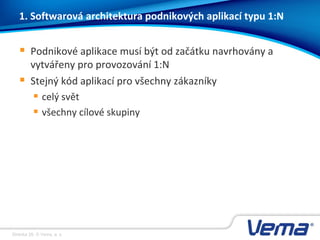 Stránka 28, © Vema, a. s.
1. Softwarová architektura podnikových aplikací typu 1:N
 Podnikové aplikace musí být od začátku navrhovány a
vytvářeny pro provozování 1:N
 Stejný kód aplikací pro všechny zákazníky
 celý svět
 všechny cílové skupiny
 