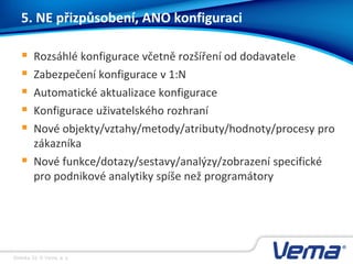 Stránka 33, © Vema, a. s.
5. NE přizpůsobení, ANO konfiguraci
 Rozsáhlé konfigurace včetně rozšíření od dodavatele
 Zabezpečení konfigurace v 1:N
 Automatické aktualizace konfigurace
 Konfigurace uživatelského rozhraní
 Nové objekty/vztahy/metody/atributy/hodnoty/procesy pro
zákazníka
 Nové funkce/dotazy/sestavy/analýzy/zobrazení specifické
pro podnikové analytiky spíše než programátory
 