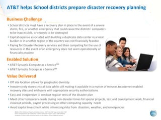 AT&T helps School districts prepare disaster recovery planning
Business Challenge
• School districts must have a recovery plan in place in the event of a severe
storm, fire, or another emergency that could cause the districts’ computers
to be inaccessible, or records to be destroyed
• Capital expense associated with building a duplicate data center in a local
bunker or in another region of the country was not financially feasible
• Paying for Disaster Recovery services and then competing for the use of
resources in the event of an emergency does not seem operationally or
financially prudent

Enabled Solution
• AT&T Synaptic Compute as a ServiceSM
• AT&T Synaptic Storage as a ServiceSM

Value Delivered
• Off site location allows for geographic diversity
• Inexpensively stores critical data while still making it available in a matter of minutes to internet enabled
recovery sites and end users with appropriate security authorizations
• Easy and inexpensive to conduct regular tests of the disaster plan
• Meet other temporary needs during non-disaster times for special projects, test and development work, financial
closeout periods, payroll processing or other computing capacity needs
• Avoid capital Investment while minimizing risks from disasters, weather, and emergencies
© 2011 AT&T Intellectual Property. All rights reserved. AT&T, the AT&T logo and all other AT&T
marks contained herein are trademarks of AT&T Intellectual Property and/or AT&T affiliated
companies. All other marks contained herein are the property of their respective owners.

 