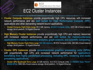 EC2 Cluster Instances
▪ Cluster Compute Instances provide proportionally high CPU resources with increased
network performance and are well suited for High Performance Compute (HPC)
applications and other demanding network-bound applications.
– Cluster Compute Eight Extra Large 60.5 GiB memory, 88 EC2 Compute Units, 3370 GB of local instance
storage, 64-bit platform, 10 Gigabit Ethernet
▪ High Memory Cluster Instances provide proportionally high CPU and memory resources
with increased network performance, and are well suited for memory-intensive
applications including in-memory analytics, graph analysis, and scientific computing.
– High Memory Cluster Eight Extra Large 244 GiB memory, 88 EC2 Compute Units, 240 GB of local instance
storage, 64-bit platform, 10 Gigabit Ethernet
▪ Cluster GPU Instances provide general-purpose graphics processing units (GPUs)
with proportionally high CPU and increased network performance for applications
benefitting from highly parallelized processing, including HPC, rendering and media
processing applications.
– Cluster GPU Quadruple Extra Large 22 GiB memory, 33.5 EC2 Compute Units, 2 x NVIDIA Tesla “Fermi”
M2050 GPUs, 1690 GB of local instance storage, 64-bit platform, 10 Gigabit Ethernet.
11
 
