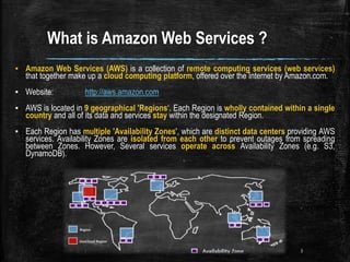 What is Amazon Web Services ?
▪ Amazon Web Services (AWS) is a collection of remote computing services (web services)
that together make up a cloud computing platform, offered over the Internet by Amazon.com.
▪ Website: http://aws.amazon.com
▪ AWS is located in 9 geographical 'Regions‘. Each Region is wholly contained within a single
country and all of its data and services stay within the designated Region.
▪ Each Region has multiple 'Availability Zones', which are distinct data centers providing AWS
services. Availability Zones are isolated from each other to prevent outages from spreading
between Zones. However, Several services operate across Availability Zones (e.g. S3,
DynamoDB).
3
 