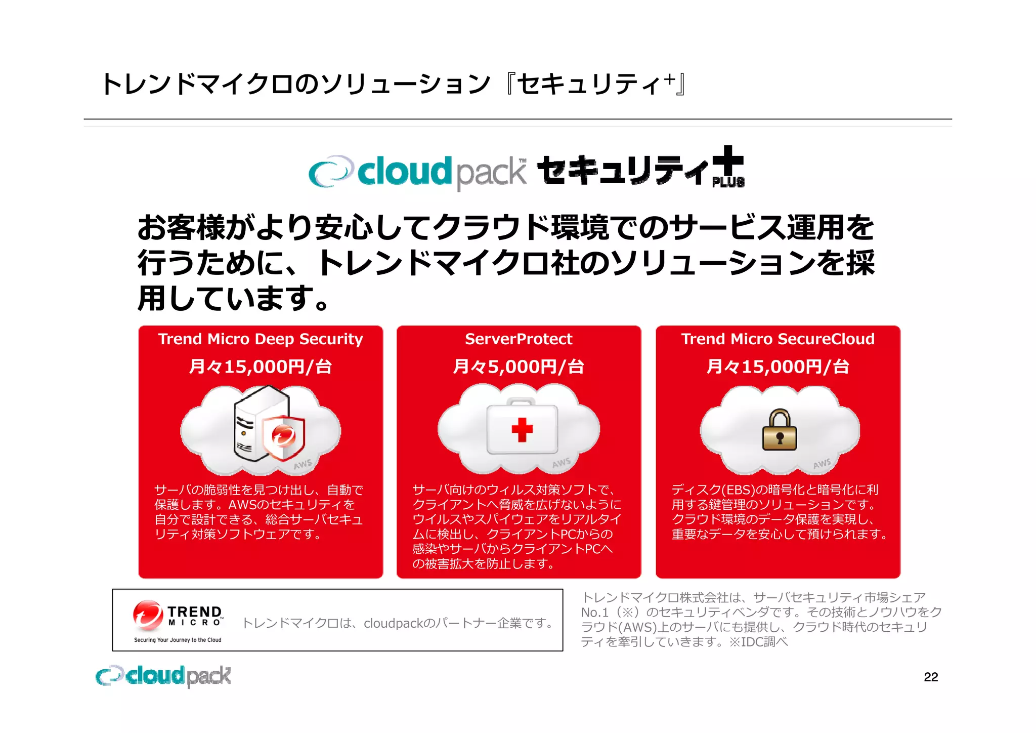 お客様がより安⼼してクラウド環境でのサービス運⽤を
⾏うために、トレンドマイクロ社のソリューションを採
⽤しています。
Trend Micro Deep Security       ServerProtect           Trend Micro SecureCloud
   ⽉々15,000円/台
   ⽉々15 000円/台                 ⽉々5,000円/台
                               ⽉々5 000円/台                  ⽉々15,000円/台
                                                           ⽉々15 000円/台




サーバの脆弱性を⾒つけ出し、⾃動で           サーバ向けのウィルス対策ソフトで、          ディスク(EBS)の暗号化と暗号化に利
保護します。AWSのセキュリティを           クライアントへ脅威を広げないように          ⽤する鍵管理のソリューションです。
⾃分で設計できる、総合サーバセキュ           ウイルスやスパイウェアをリアルタイ          クラウド環境のデータ保護を実現し、
リティ対策ソフトウェアです。
   対策  トウ    す              ムに検出し、クライアントPCからの
                              検出  ク イ  ト から            重要なデータを安⼼して預けられます。
                                                       重  デ タを安⼼    預 られ す
                            感染やサーバからクライアントPCへ
                            の被害拡⼤を防⽌します。

                                                トレンドマイクロ株式会社は、サーバセキュリティ市場シェア
                                                No.1（※）のセキュリティベンダです。その技術とノウハウをク
                                                No 1（※）のセキュリティベンダです その技術とノウハウをク
        ※トレンドマイクロは、cloudpackのパートナー企業です。         ラウド(AWS)上のサーバにも提供し、クラウド時代のセキュリ
                                                ティを牽引していきます。※IDC調べ

                                                                                  22
 