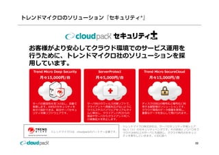 ͘갲?ƥ饦ɭhǤΥ`ӥ\?
?ˡȥɥޥΥ`
?Ƥޤ
Trend Micro Deep Security       ServerProtect           Trend Micro SecureCloud
   ?15,000/̨
   ?15 000/̨                 ?5,000/̨
                               ?5 000/̨                  ?15,000/̨
                                                           ?15 000/̨




`ФδԤ?Ĥ?Ӥ           `򤱤Υ륹ߥեȤǡ          ǥ(EBS)ΰŻȰŻ
oޤ³Υƥ           饤Ȥ{ڤʤ褦          ?IΥ`Ǥ
?֤OӋǤ롢tϥ`Х           륹䥹ѥꥢ륿          饦ɭhΥǩ`ogF
ƥߥեȥǤ
     ȥ                  ˗ʳ饤PC
                              ʳ                  Ҫʥǩ`?Aޤ
                                                          ?    A  
                            Ⱦ䥵`Ф饯饤PC
                            α??ޤ

                                                ȥɥޥʽϡ`ХƥЈ
                                                No.1Υƥ٥ǤμgȥΥϥ
                                                No 1Υƥ٥Ǥ μgȥΥϥ
        ȥɥޥϡcloudpackΥѩ`ȥʩ`IǤ         饦(AWS)ϤΥ`Фˤṩ饦ɕrΥ
                                                ƥƤޤIDC{

                                                                                  22
 