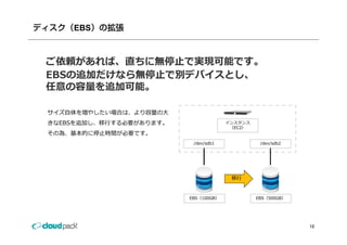 ディスク（EBS）の拡張



 ご依頼があれば、直ちに無停⽌で実現可能です。
 EBSの追加だけなら無停⽌で別デバイスとし、
 任意の容量を追加可能。

 サイズ⾃体を増やしたい場合は、より容量の⼤
 きなEBSを追加し、移⾏する必要があります。
 きなEBSを追加し 移⾏する必要があります                 インスタンス
                                        （EC2）
 その為、基本的に停⽌時間が必要です。
                           /dev/sdb1             /dev/sdb2




                                        移⾏


                          EBS（100GB）            EBS（500GB）




                                                             12
 