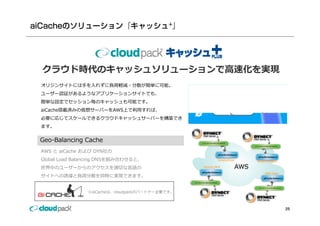 aiCacheのソリューション『キャッシュ+』




 クラウド時代のキャッシュソリューションで⾼速化を実現
 オリジンサイトには⼿を⼊れずに負荷軽減・分散が簡単に可能。
 ユーザー認証があるようなアプリケーションサイトでも、
 簡単な設定でセッション毎のキャッシュも可能です。
                                                           Origin
                                                 aiCache
 aiCache搭載済みの仮想サーバーをAWS上で利⽤すれば、                            Server
 必要に応じてスケールできるクラウドキャッシュサーバーを構築でき
 ます。


 Geo-Balancing Cache
 G   B l   i   C h
 AWS と aiCache および DYN社の
 Global Load Balancing DNSを組み合わせると、
 世界中のユーザーからのアクセスを適切な⾔語の                             AWS
 サイトへの誘導と負荷分散を同時に実現できます。


                ※aiCacheは、cloudpackのパートナー企業です。



                                                                    25
 