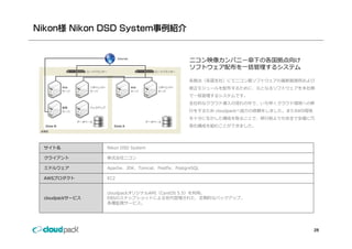 Nikon様 Nikon DSD System事例紹介


                                                 ニコン映像カンパニー傘下の各国拠点向け
                                                 ソフトウェア配布を 括管理するシステム
                                                 ソフトウェア配布を⼀括管理するシステム

                                                 各拠点（各国⽀社）にてニコン製ソフトウェアの最新版提供および
                                                 修正モジュールを配布するために、元となるソフトウェアを本社側
                                                 で 括管理するシステムです。
                                                 で⼀括管理するシステムです。
                                                 全社的なクラウド導⼊の流れの中で、いち早くクラウド環境への移
                                                 ⾏をするため cloudpackへ協⼒の依頼をしました。またAWS環境
                                                 を⼗分に⽣かした構成を取ることで、移⾏前よりも安全で安価に冗
                                                 ⻑化構成を組むことができました。
                                                 ⻑化構成を組む とが きました




 サイト名            Nikon DSD System

 クライアント          株式会社ニコン

 ミドルウェア          Apache、JDK、Tomcat、Postfix、PostgreSQL

    プ ダクト
 AWSプロダクト        EC2


                 cloudpackオリジナルAMI（CentOS 5.5）を利⽤。
 cloudpackサービス   EBSのスナップショットによる世代管理された、定期的なバックアップ。
                 各種監視サービス。




                                                                                       28
 