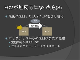 EC2が無反応になったら(3)
   最後に復旧したEC2にEIPを切り替え
               EIP

              切り替え

        EC2          EC2


   バックアップからの復旧はまだ未経験
     定期的なSNAPSHOT
     ファイルコピー、データエクスポート
 