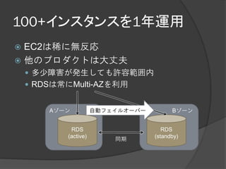 100+インスタンスを1年運用
 EC2は稀に無反応
 他のプロダクトは大丈夫
     多少障害が発生しても許容範囲内
     RDSは常にMulti-AZを利用


        Aゾーン          自動フェイルオーバー         Bゾーン


            RDS                       RDS
           (active)       同期       (standby)
 