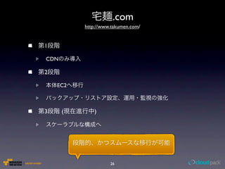 .com
          http://www.takumen.com/


1

CDN

2

    EC2



3     (       )




                    26
 