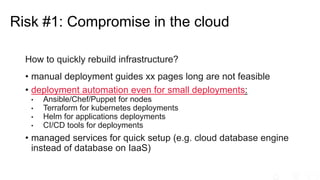 How to quickly rebuild infrastructure?
• manual deployment guides xx pages long are not feasible
• deployment automation even for small deployments:
• Ansible/Chef/Puppet for nodes
• Terraform for kubernetes deployments
• Helm for applications deployments
• CI/CD tools for deployments
• managed services for quick setup (e.g. cloud database engine
instead of database on IaaS)
Risk #1: Compromise in the cloud
 
