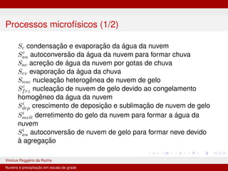 Processos microfı́sicos (1/2)
Sc condensação e evaporação da água da nuvem
Sc
au autoconversão da água da nuvem para formar chuva
Sac acreção de água da nuvem por gotas de chuva
Sev evaporação da água da chuva
Snuc nucleação heterogênea de nuvem de gelo
Sc
frz nucleação de nuvem de gelo devido ao congelamento
homogêneo da água da nuvem
Si
dep crescimento de deposição e sublimação de nuvem de gelo
Si
melt derretimento do gelo da nuvem para formar a água da
nuvem
Si
au autoconversão de nuvem de gelo para formar neve devido
à agregação
Vinicius Roggério da Rocha MET-576-4 Modelagem Numérica da Atmosfera
Nuvens e precipitação em escala de grade
 