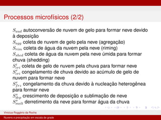 Processos microfı́sicos (2/2)
Saud autoconversão de nuvem de gelo para formar neve devido
à deposição
Sagg coleta de nuvem de gelo pela neve (agregação)
Srim coleta de água da nuvem pela neve (riming)
Sshed coleta de água da nuvem pela neve úmida para formar
chuva (shedding)
Si
cri coleta de gelo de nuvem pela chuva para formar neve
Sr
cri congelamento de chuva devido ao acúmulo de gelo de
nuvem para formar neve
Sr
frz congelamento da chuva devido à nucleação heterogênea
para formar neve
Ss
dep crescimento de deposição e sublimação de neve
Ss
melt derretimento da neve para formar água da chuva
Vinicius Roggério da Rocha MET-576-4 Modelagem Numérica da Atmosfera
Nuvens e precipitação em escala de grade
 