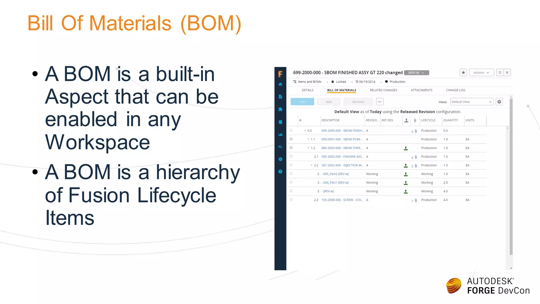 Bill Of Materials (BOM)
• A BOM is a built-in
Aspect that can be
enabled in any
Workspace
• A BOM is a hierarchy
of Fusion Lifecycle
Items
 
