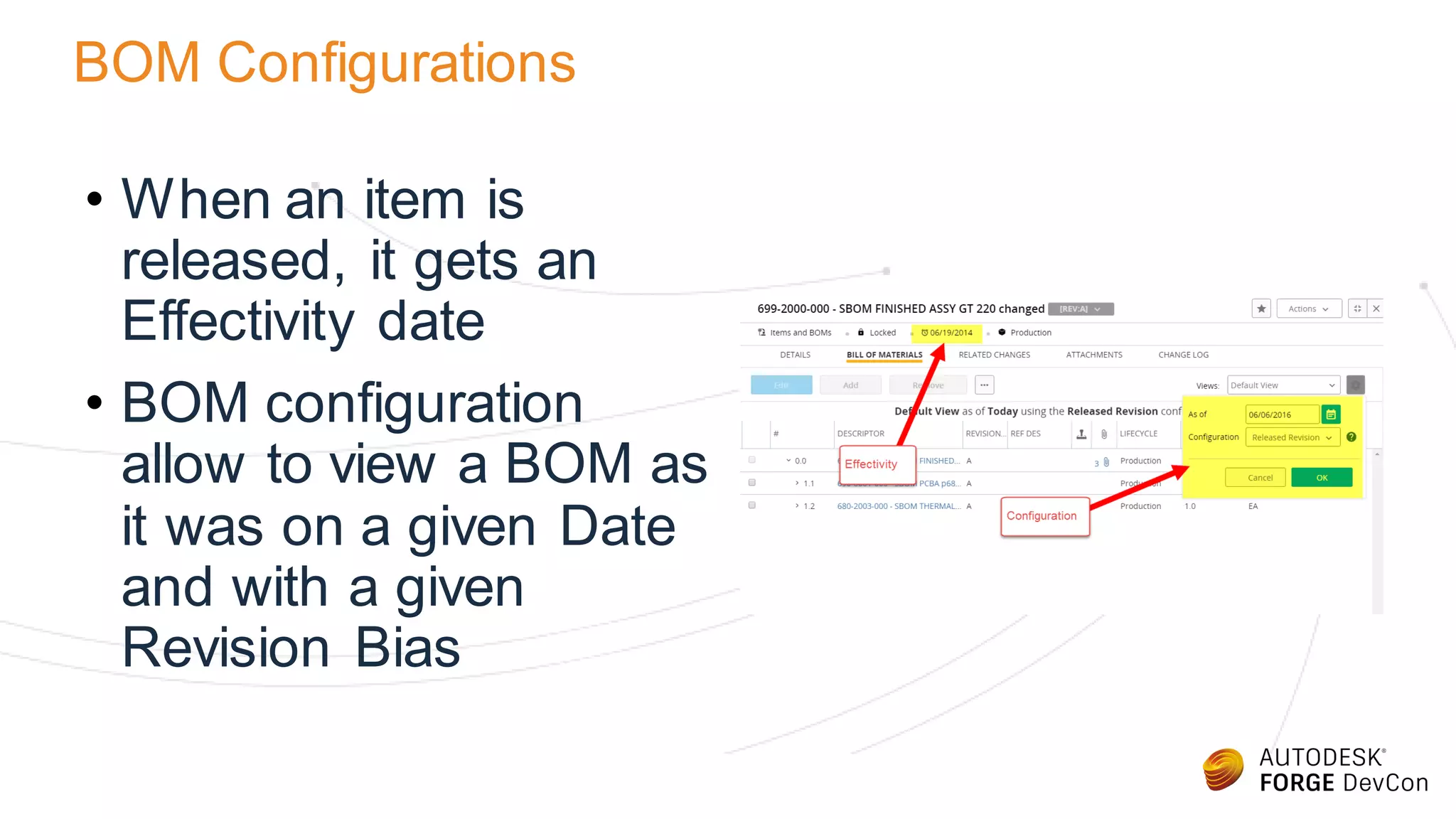 BOM Configurations
• When an item is
released, it gets an
Effectivity date
• BOM configuration
allow to view a BOM as
it was on a given Date
and with a given
Revision Bias
 