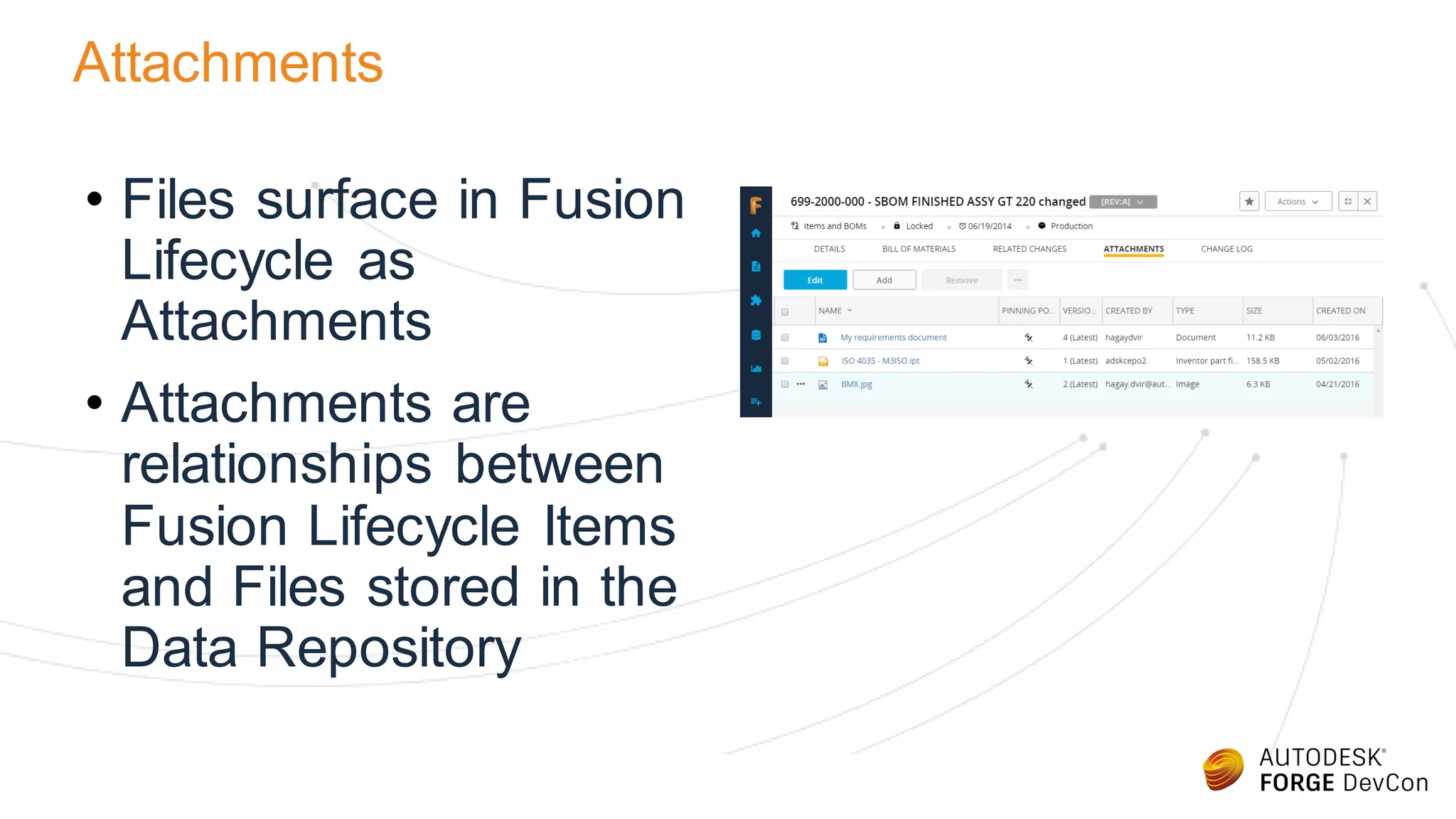 Attachments
• Files surface in Fusion
Lifecycle as
Attachments
• Attachments are
relationships between
Fusion Lifecycle Items
and Files stored in the
Data Repository
 