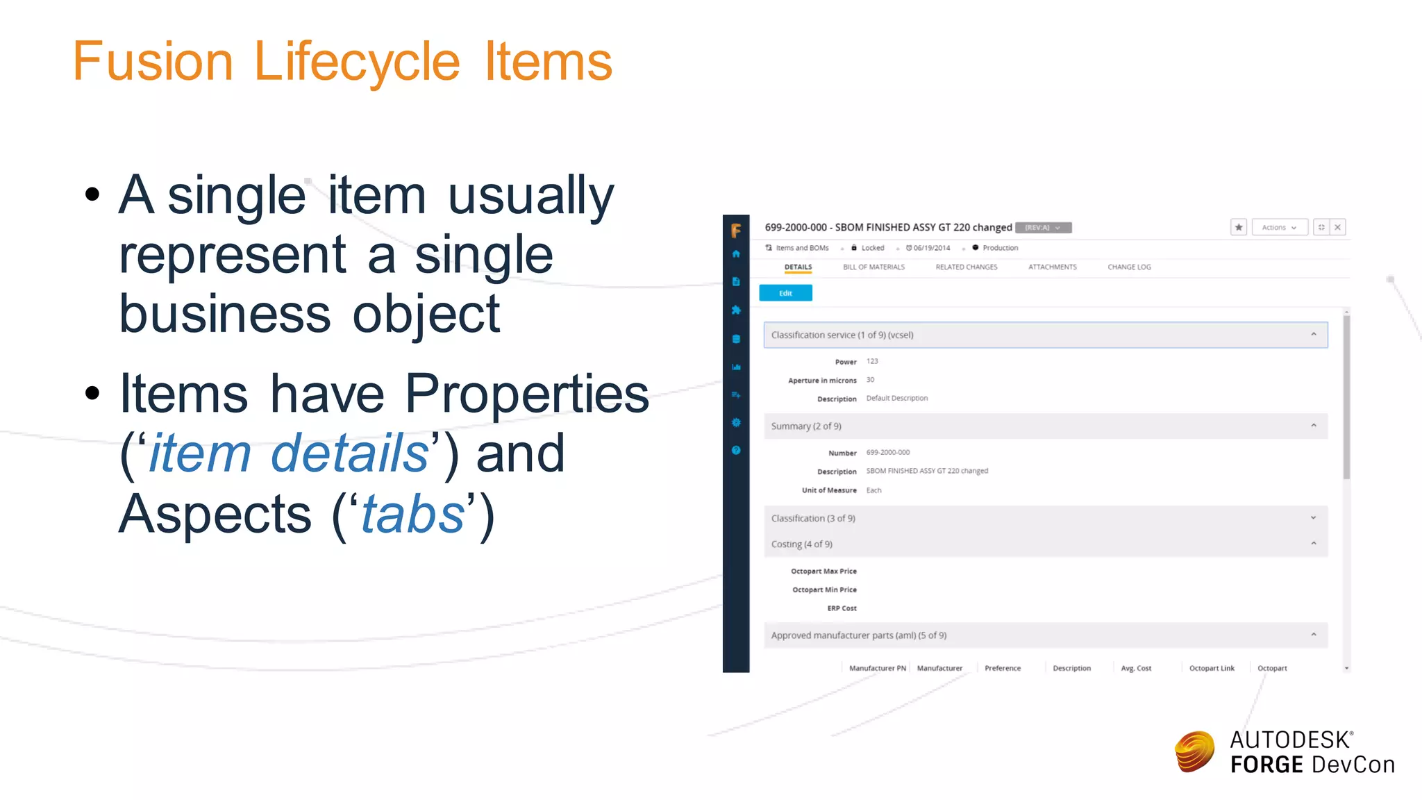 Fusion Lifecycle Items
• A single item usually
represent a single
business object
• Items have Properties
(‘item details’) and
Aspects (‘tabs’)
 
