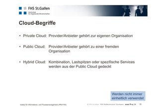 Cloud-Begriffe 
10 
• Private Cloud: Provider/Anbieter gehört zur eigenen Organisation 
• Public Cloud: Provider/Anbieter gehört zu einer fremden 
Organisation 
• Hybrid Cloud: Kombination, Lastspitzen oder spezifische Services 
werden aus der Public Cloud gedeckt 
Werden nicht immer 
einheitlich verwendet 
Institut für Informations- und Prozessmanagement (IPM-FHS) 
 