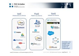 8 
PaaS 
Platform as a Service 
IaaS 
Infrastructure as a Service 
Anmelden und 
loslegen oder 
Einführungs-projekt 
mit 
Customizing? 
SaaS 
Software as a Service 
Institut für Informations- und Prozessmanagement (IPM-FHS) 
 