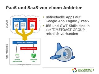 PaaS und SaaS von einem Anbieter

                Individuelle Apps auf
                 Google App Engine / PaaS
                JEE und GWT Skills sind in
                 der TIMETOACT GROUP
                 reichlich vorhanden
 