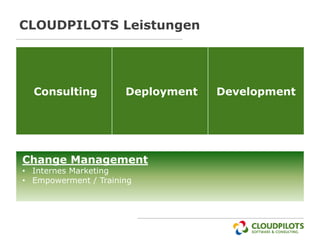 CLOUDPILOTS Leistungen




  Consulting          Deployment   Development




Change Management
• Internes Marketing
• Empowerment / Training
 