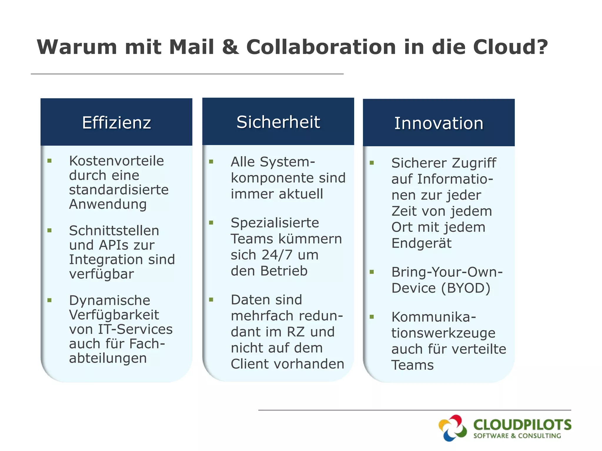 Warum mit Mail & Collaboration in die Cloud?


     Effizienz             Sicherheit             Innovation

   Kostenvorteile        Alle System-          Sicherer Zugriff
    durch eine             komponente sind        auf Informatio-
    standardisierte        immer aktuell          nen zur jeder
    Anwendung
                                                  Zeit von jedem
                          Spezialisierte         Ort mit jedem
   Schnittstellen
    und APIs zur           Teams kümmern          Endgerät
    Integration sind       sich 24/7 um
    verfügbar              den Betrieb           Bring-Your-Own-
                                                  Device (BYOD)
   Dynamische            Daten sind
    Verfügbarkeit          mehrfach redun-       Kommunika-
    von IT-Services        dant im RZ und         tionswerkzeuge
    auch für Fach-         nicht auf dem          auch für verteilte
    abteilungen            Client vorhanden       Teams
 