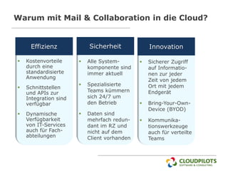 Warum mit Mail & Collaboration in die Cloud?


     Effizienz             Sicherheit             Innovation

   Kostenvorteile        Alle System-          Sicherer Zugriff
    durch eine             komponente sind        auf Informatio-
    standardisierte        immer aktuell          nen zur jeder
    Anwendung
                                                  Zeit von jedem
                          Spezialisierte         Ort mit jedem
   Schnittstellen
    und APIs zur           Teams kümmern          Endgerät
    Integration sind       sich 24/7 um
    verfügbar              den Betrieb           Bring-Your-Own-
                                                  Device (BYOD)
   Dynamische            Daten sind
    Verfügbarkeit          mehrfach redun-       Kommunika-
    von IT-Services        dant im RZ und         tionswerkzeuge
    auch für Fach-         nicht auf dem          auch für verteilte
    abteilungen            Client vorhanden       Teams
 