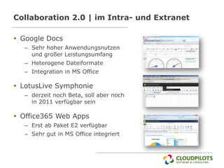 Collaboration 2.0 | im Intra- und Extranet

 Google Docs
  – Sehr hoher Anwendungsnutzen
    und großer Leistungsumfang
  – Heterogene Dateiformate
  – Integration in MS Office

 LotusLive Symphonie
  – derzeit noch Beta, soll aber noch
    in 2011 verfügbar sein

 Office365 Web Apps
  – Erst ab Paket E2 verfügbar
  – Sehr gut in MS Office integriert
 