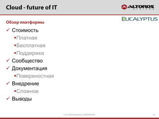  Стоимость
   Платная
   Бесплатная
   Поддержка
 Сообщество
 Документация
   Поверхностная
 Внедрение
   Сложное
 Выводы

                    © ALTOROS Systems | CONFIDENTIAL   20
 