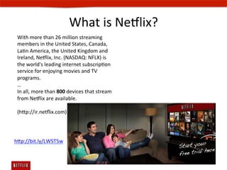 What	
  is	
  Ne#lix?	
  
 With	
  more	
  than	
  26	
  million	
  streaming	
  
 members	
  in	
  the	
  United	
  States,	
  Canada,	
  
 LaEn	
  America,	
  the	
  United	
  Kingdom	
  and	
  
 Ireland,	
  Ne#lix,	
  Inc.	
  (NASDAQ:	
  NFLX)	
  is	
  
 the	
  world's	
  leading	
  internet	
  subscripEon	
  
 service	
  for	
  enjoying	
  movies	
  and	
  TV	
  
 programs.	
  	
  
 …	
  
 In	
  all,	
  more	
  than	
  800	
  devices	
  that	
  stream	
  
 from	
  Ne#lix	
  are	
  available.	
  
 	
  
 (hp://ir.netﬂix.com)	
  




hp://bit.ly/LWST5w	
  
	
  
 